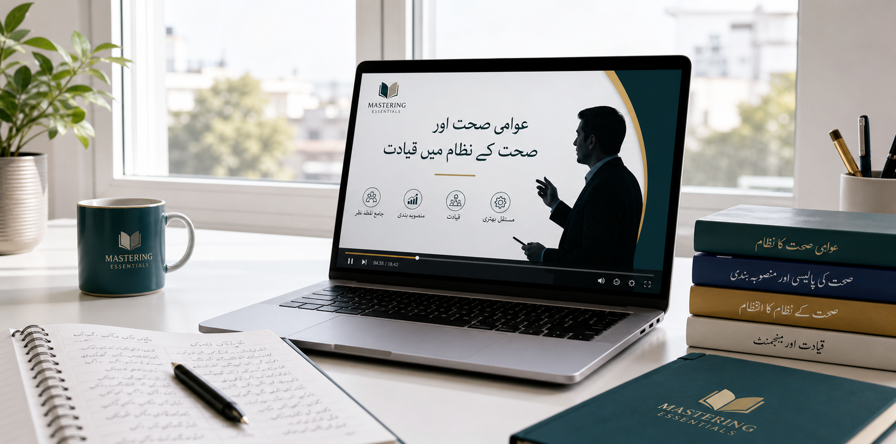 Urdu online learning desk with public health and healthcare leadership lesson